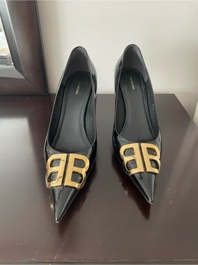 Balenciaga Black Patent Pointed Toe Flats with Gold BB Hardware